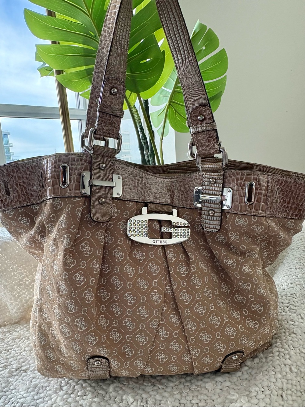 Vintage Y2K GUESS Tamara Rhinestone G Monogram Tote Bag 2000s McBling